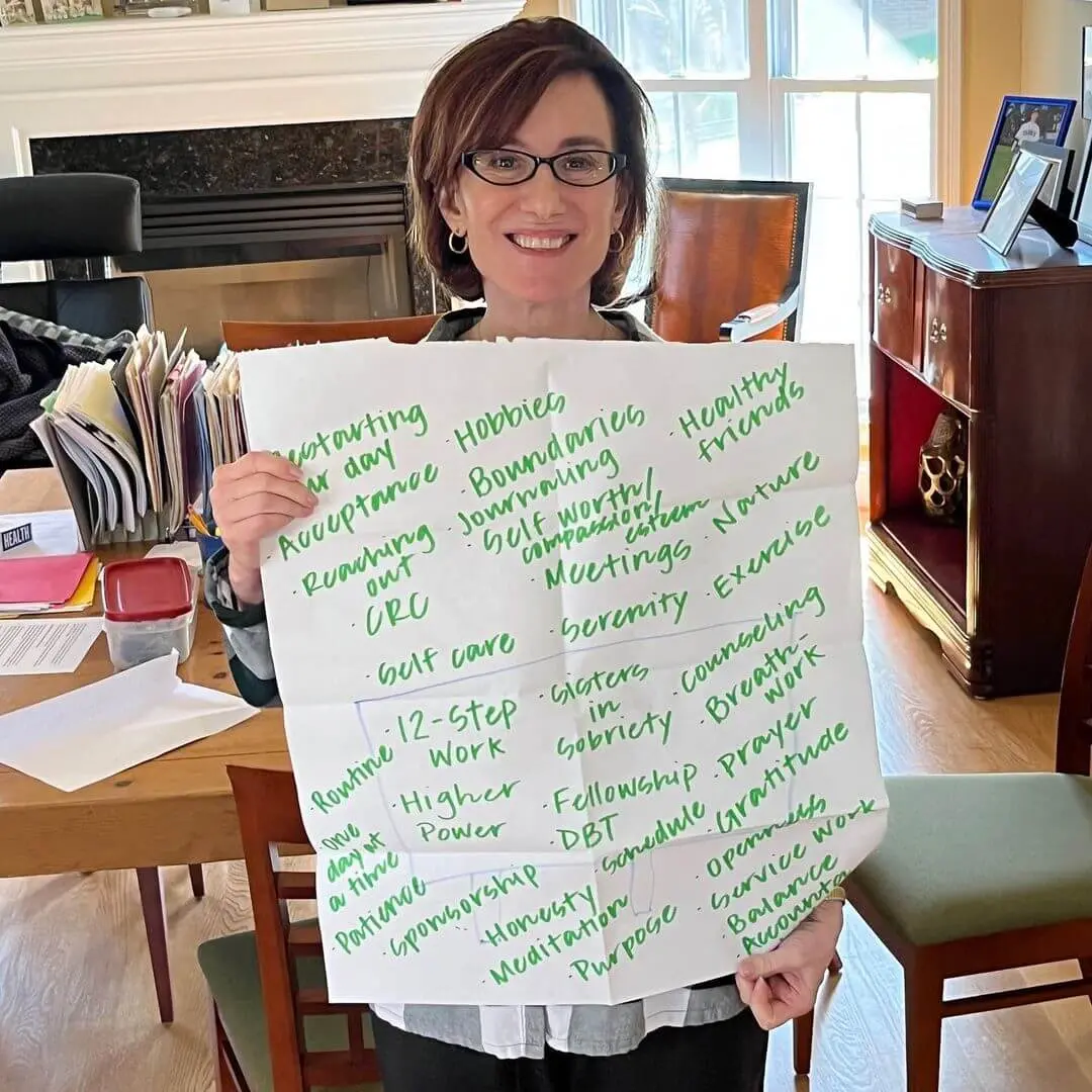 Recovery Tools Picture of Susan Packard holding up a poster with recovery tools. These are just some of the tools sober college students use to help with their recovery. They embrace solutions, a wonderful work and life skill! Click to zoom in, or head to the Resources page for more.